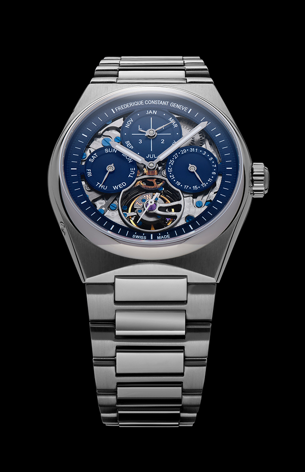 Highlife Tourbillon Perpetual Calendar Manufacture watch for man. Automatic movement, skeleton dial, stainless-steel case, date, month and day counters, tourbillon and stainless-steel integrated and interchangeable bracelet  