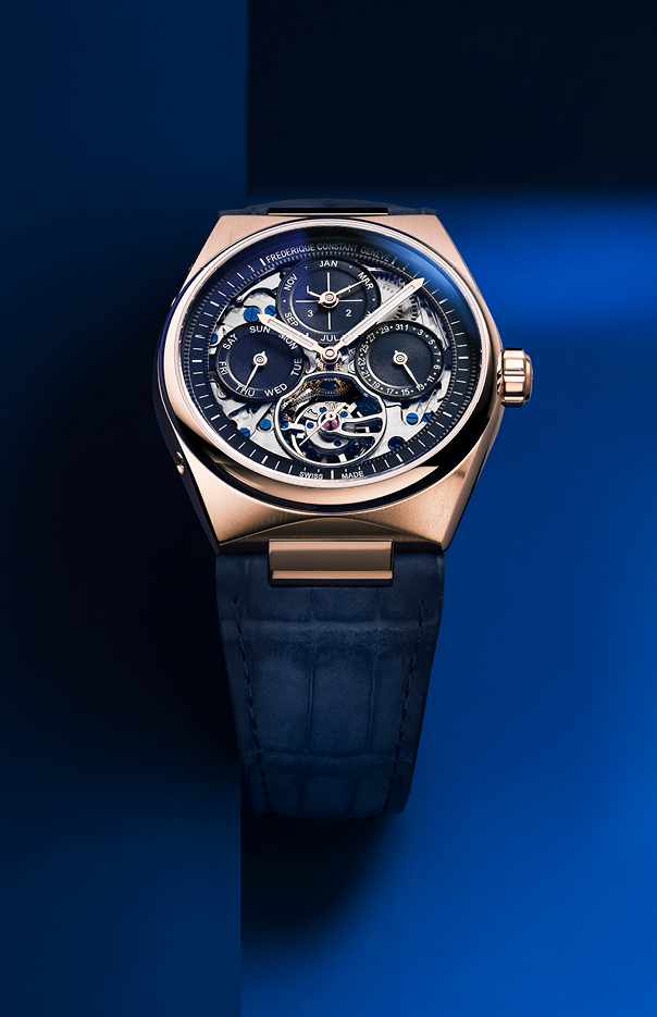 Highlife Tourbillon Perpetual Calendar Manufacture watch for man. Automatic movement, skeleton dial, 18K rose-gold case, date, month and day counters, tourbillon and blue leather integrated and interchangeable strap  