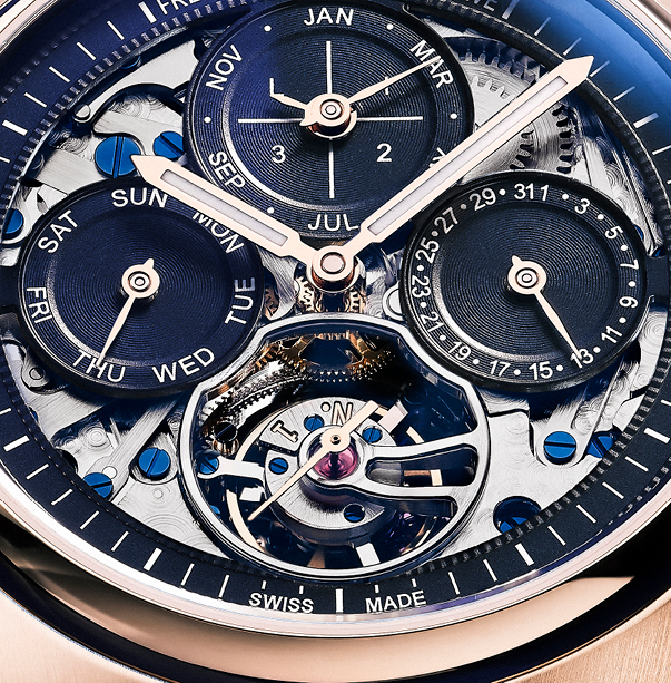 Highlife Tourbillon Perpetual Calendar Manufacture watch for man. Automatic movement, skeleton dial, 18K rose-gold case, date, month and day counters, tourbillon and blue leather integrated and interchangeable strap  