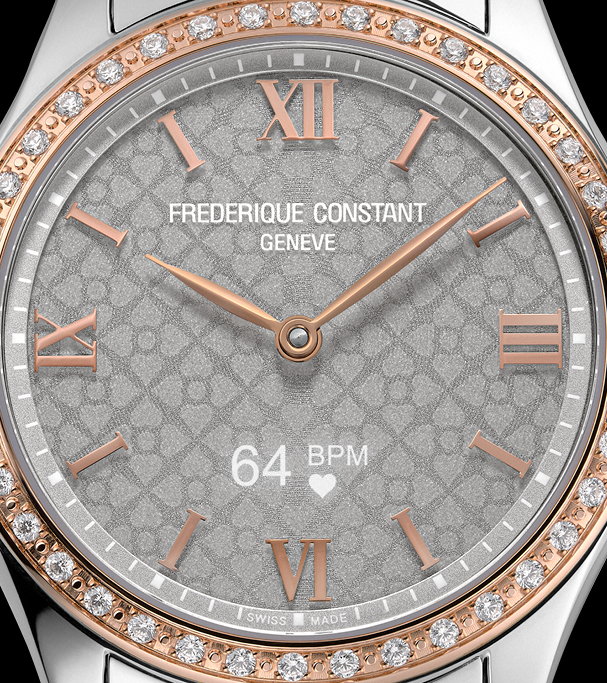 Vitality Ladies Smartwatch for woman. Quartz connected movement, champagne dial, stainless-steel and rose-gold bicolor case with 40 lab-grown diamonds, connected functions, digital screen, rechargeable battery and stainless-steel and rose-gold bicolor bracelet