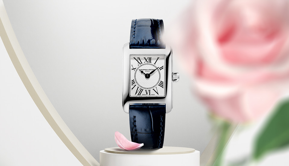 Reloj Classics Carrée Ladies para mujer. Movimiento de cuarzo, esfera blanca, caja de acero inoxidable y correa de piel azul. 