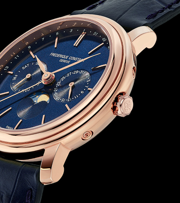 Classics Business Timer watch for man. Quartz movement, blue dial, rose-gold case, day, date and month counters, moonphase and blue leather strap 