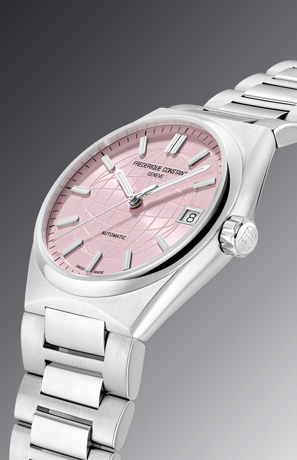Highlife Ladies Automatic watch for woman. Automatic movement, pink dial, stainless-steel case, date window and stainless-steel integrated and interchangeable bracelet 