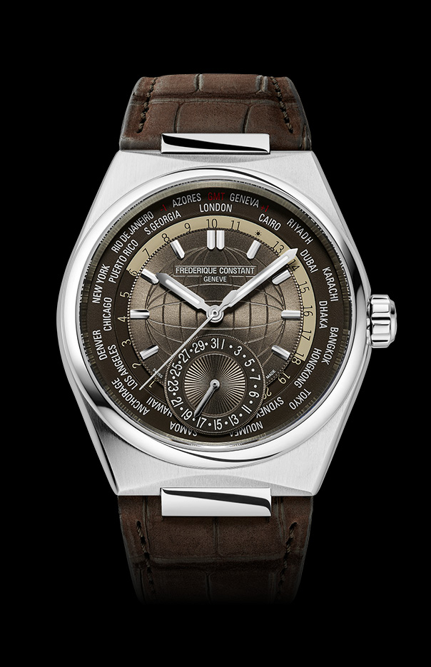 Highlife Worldtimer Manufacture watch for man. Automatic movement, brown dial, stainless-steel case, date counter, worldtimer and brown alligator leather integrated and interchangeable strap. 