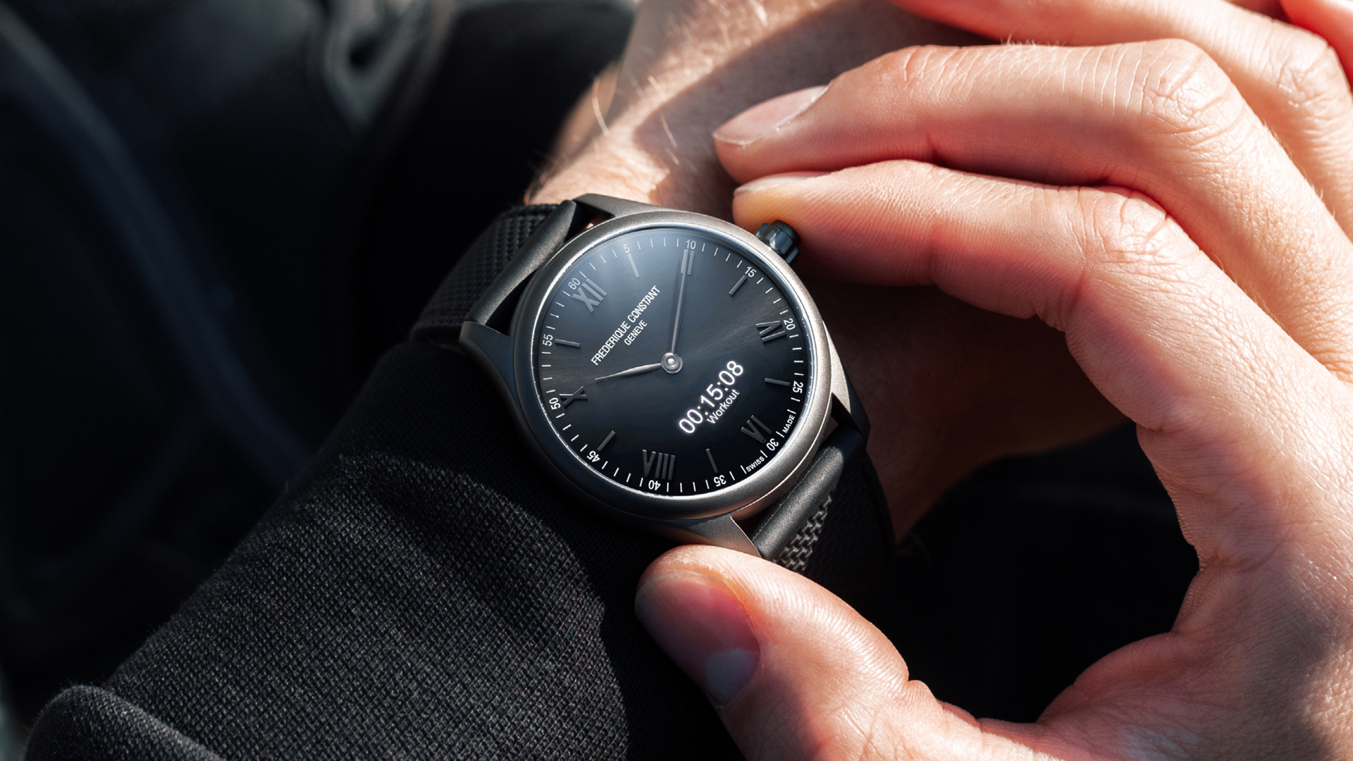 Vitality Gents Smartwatch for man. Quartz connected movement, grey dial, stainless-steel with titanium PVD coated case, connected functions, digital screen, rechargeable battery and grey rubber strap