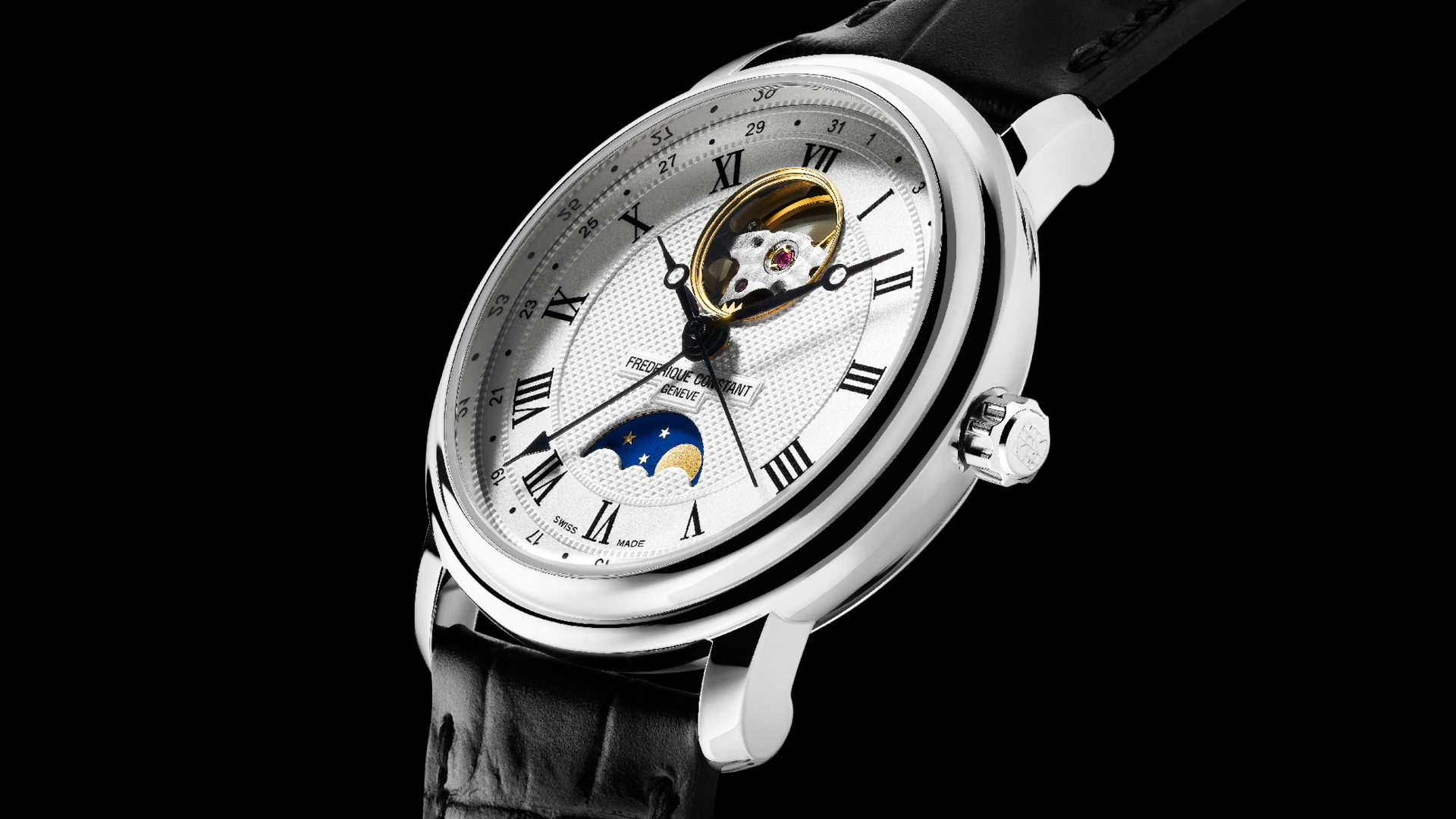 Classic Heart Beat Moonphase Date watch for man.  Automatic movement, white dial, stainless-steel case, heart beat opening, moonphase and black leather strap