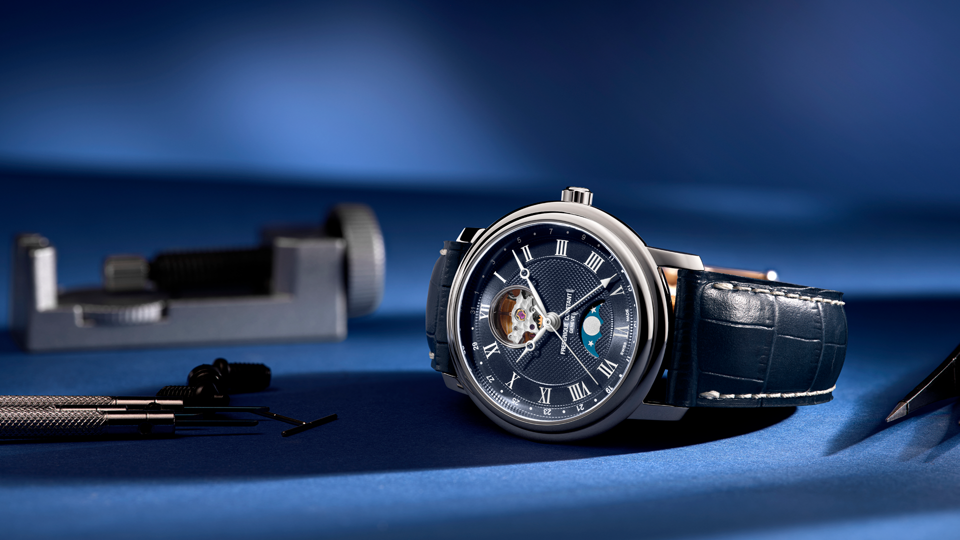 Classic Heart Beat Moonphase Date watch for man. Automatic movement, blue dial, stainless-steel case, heart beat opening, moonphase and blue leather strap