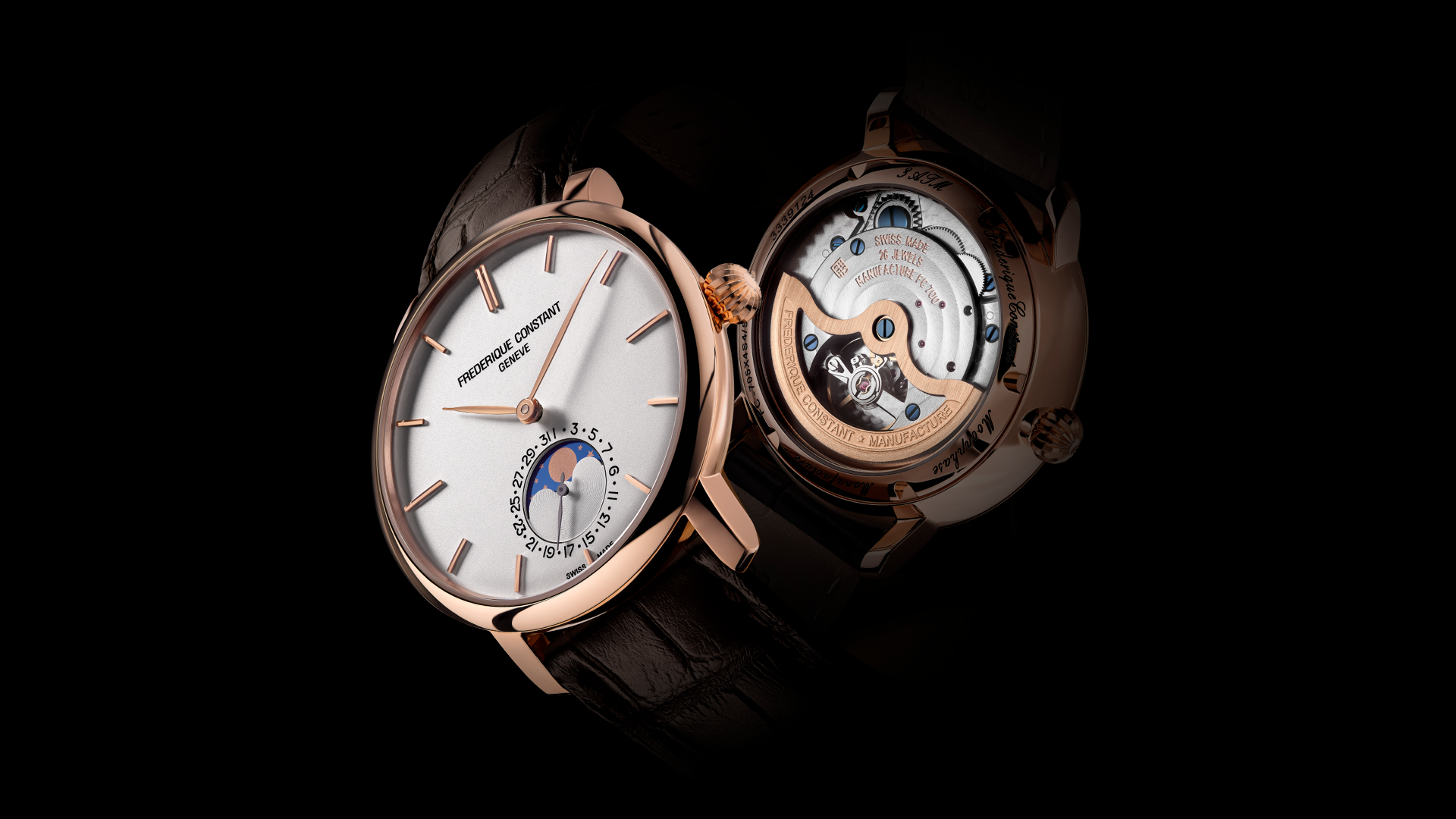 Slimline Moonphase Manufacture watch for man.   Automatic movement, white dial, rose-gold plated case, date counter, moonphase and brown leather strap