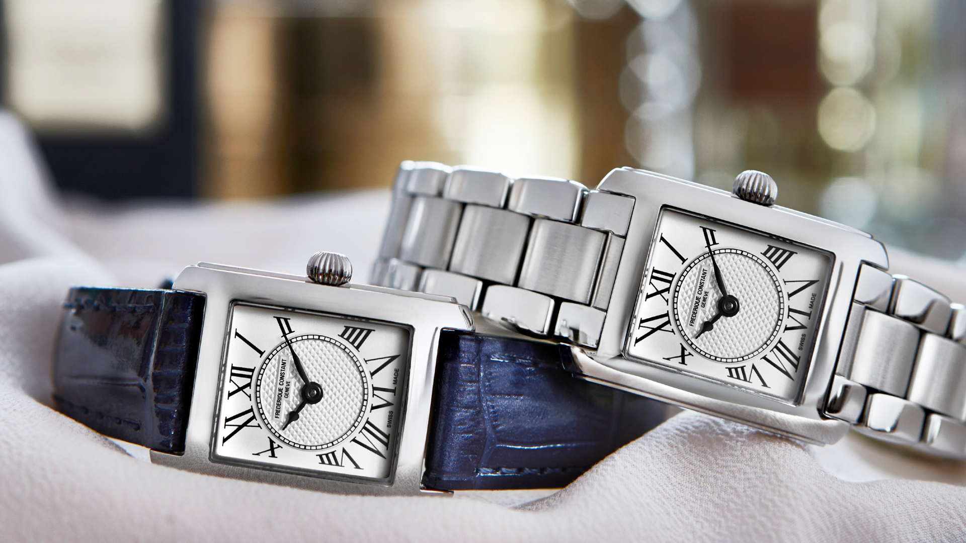 Classic Carrée Ladies watch for woman. Quartz movement, white dial, stainless-steel case and blue leather strap