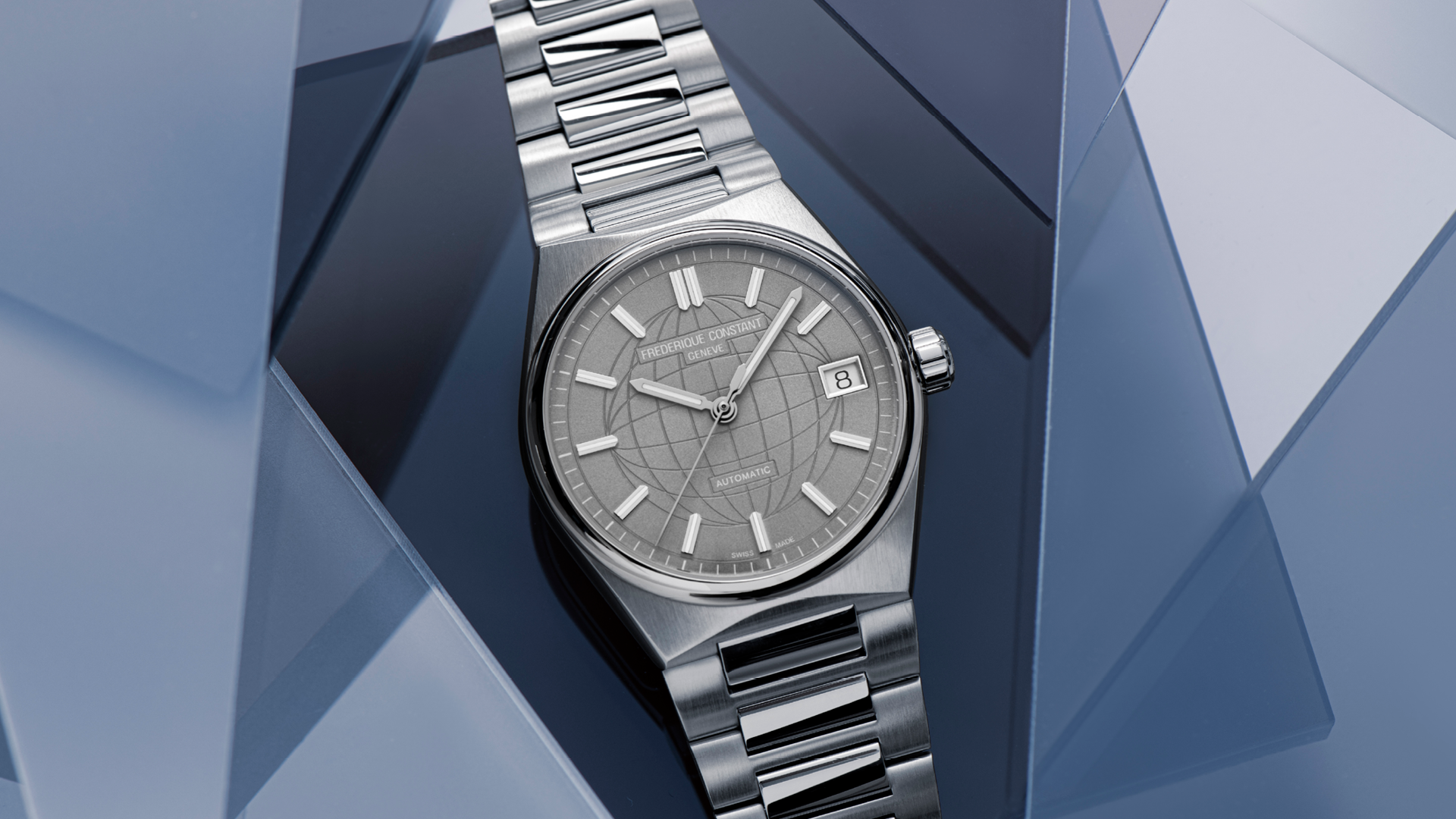 Highlife Ladies Automatic watch for woman. Automatic movement, grey dial, stainless-steel case, date window and stainless-steel integrated and interchangeable bracelet