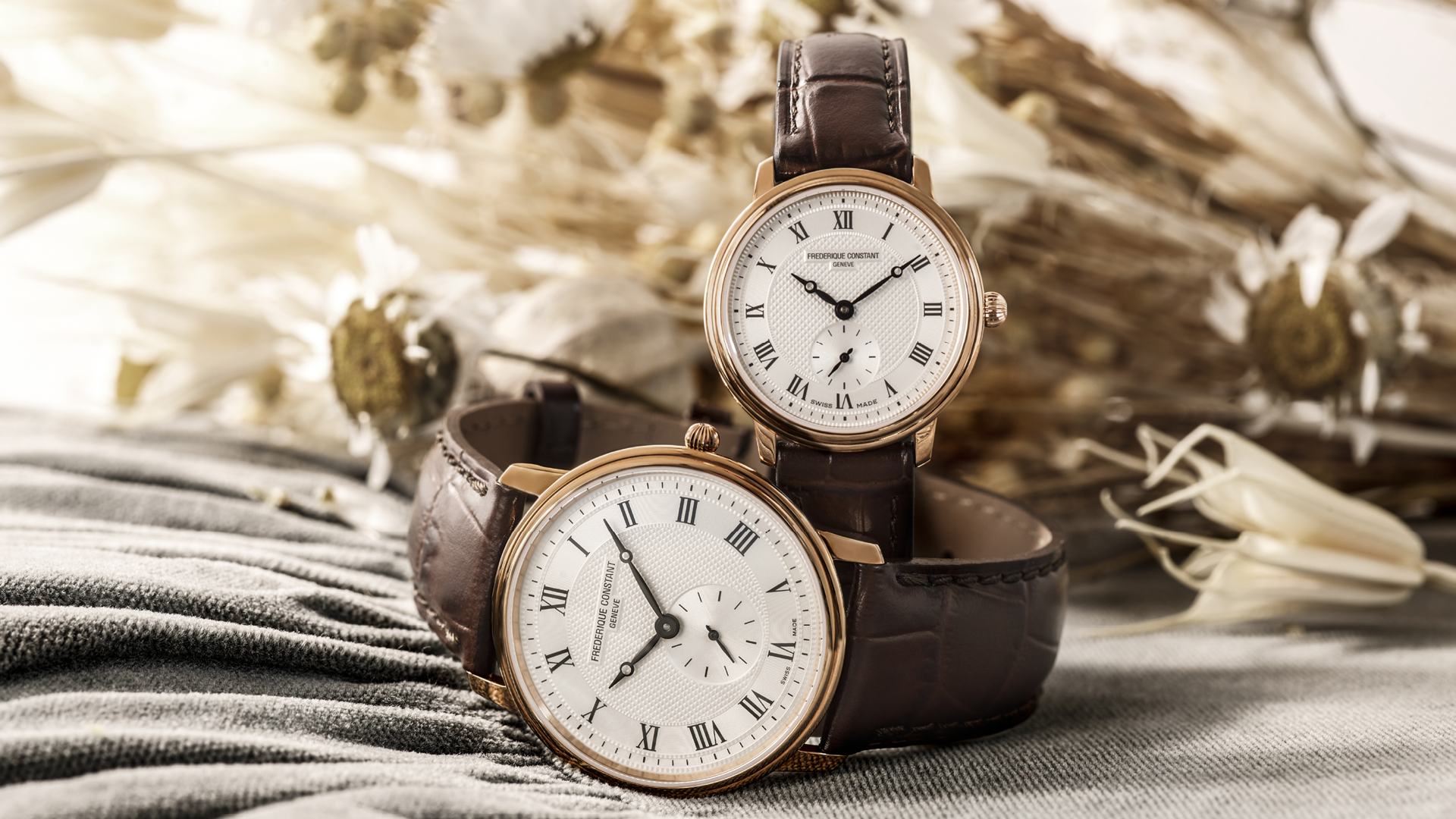 Slimline Ladies Small Seconds watch for woman. Quartz movement, white dial, rose-gold plated case, small seconds counter and brown leather strap