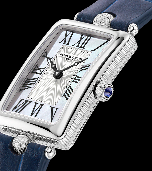 Classics Art Déco Carrée Watch for woman. Quartz movement, white mother of pearl dial, stainless-steel case and blue leather strap 