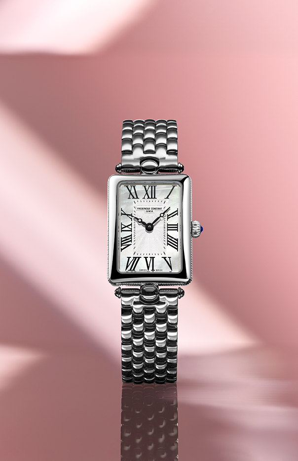 Classics Art Déco Carrée Watch for woman. Quartz movement, white mother of pearl dial, stainless-steel case and stainless-steel bracelet 