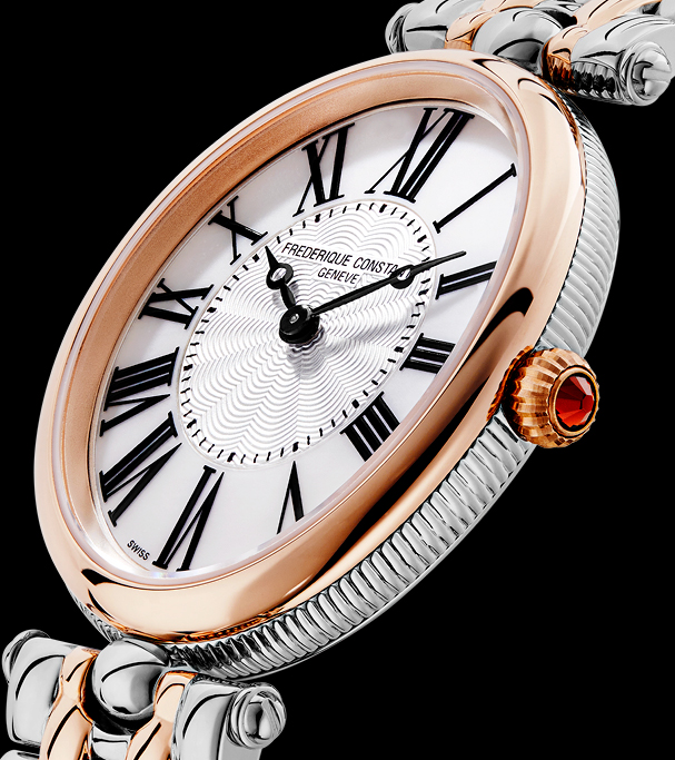 Classic Art Déco Oval watch for woman.   Quartz movement, white mother of pearl dial, stainless-steel and rose-gold plated bicolor case and stainless-steel and rose-gold plated bicolor bracelet 