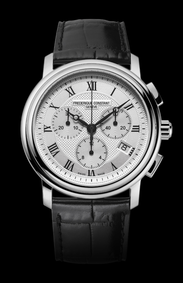 Classics Quartz Chronograph watch for man. Quartz movement, white dial, stainless-steel case, date window and black leather strap 