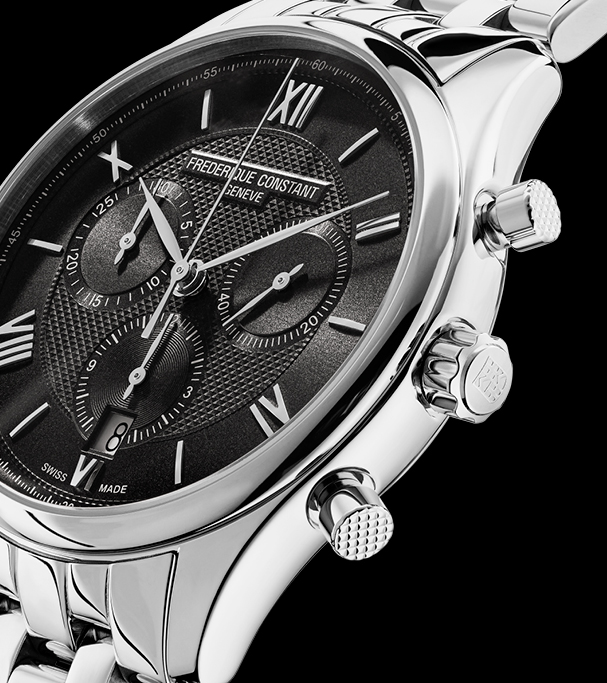 Classics Quartz Chronograph watch for man. Quartz movement, black dial, stainless-steel case, date window and stainless-steel bracelet 
