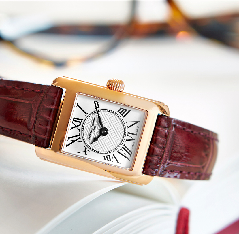Classics Carrée Ladies watch for woman. Quartz movement, white dial, rose-gold plated case and red burgundy leather strap 
