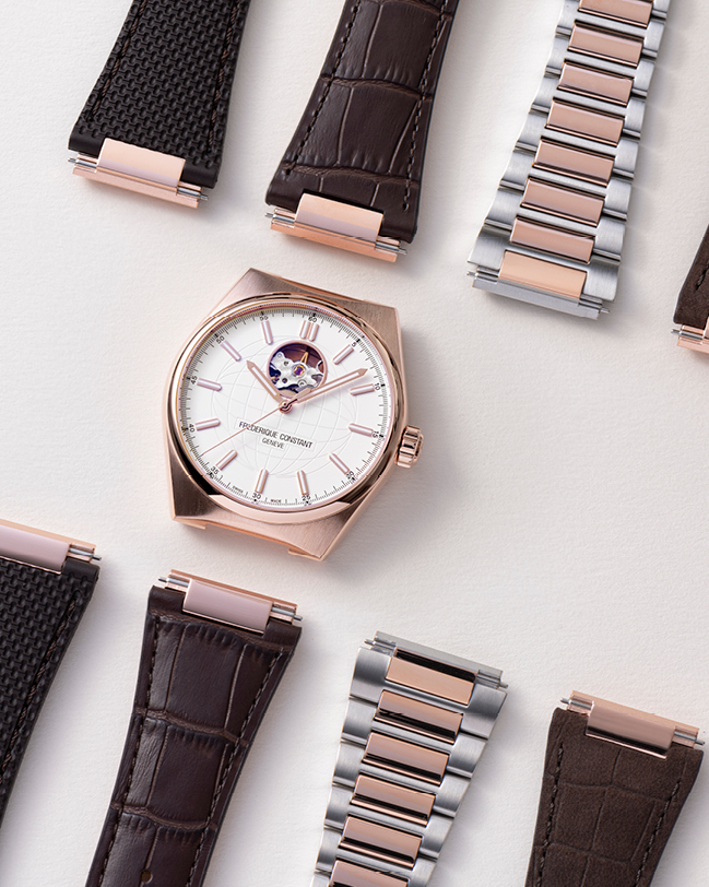 Highlife Automatic Heart Beat watch for man. Automatic movement, white dial, rose-gold plated case, heart beat opening and brown leather integrated and interchangeable strap 