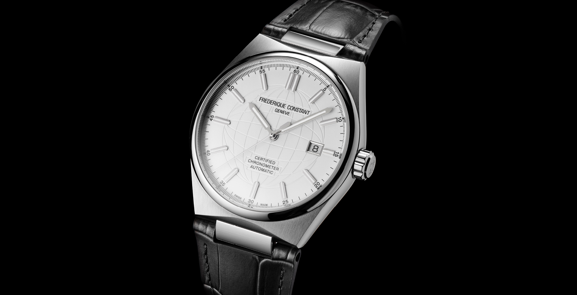 Highlife Automatic COSC watch for man. Automatic movement, white dial, stainless-steel case, date window and black leather integrated and interchangeable strap 