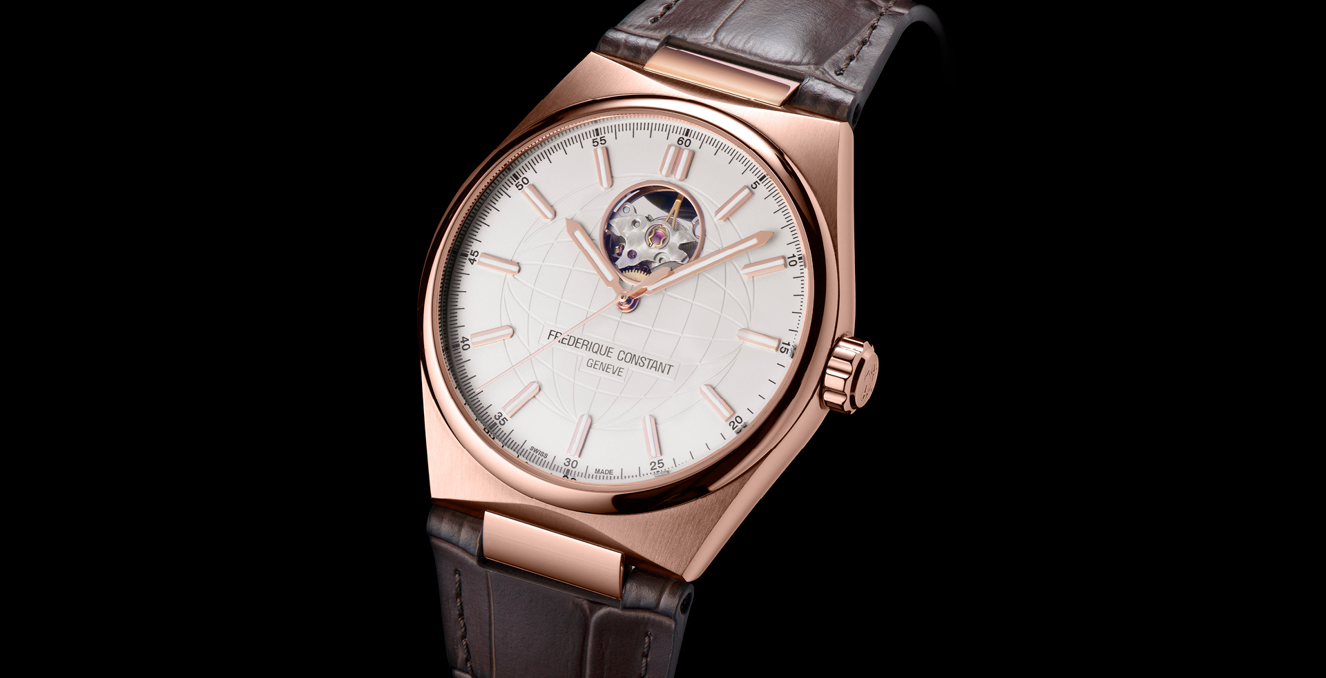 Highlife Automatic Heart Beat watch for man. Automatic movement, white dial, rose-gold plated case, heart beat opening and brown leather integrated and interchangeable strap 