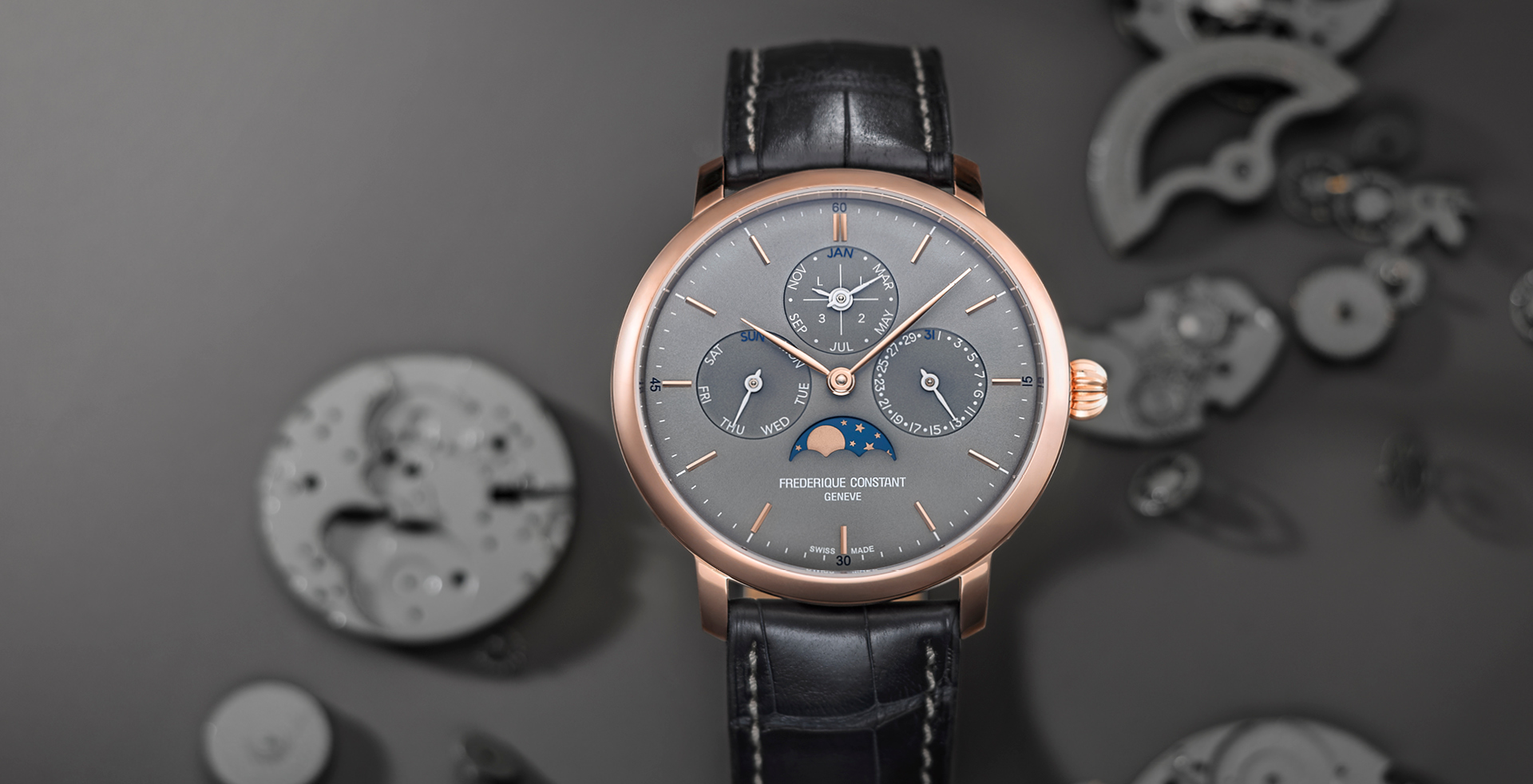 Slimline PerpetSlimline Perpetual Calendar Manufacture watch for man.   Automatic movement, grey dial, rose-gold plated case, date, day and month counters, moonphase and blue leather strapual Calendar Manufacture watch for man.   Automatic movement, grey dial, stainless-steel case, date, day and month counters, moonphase and blue leather strap 