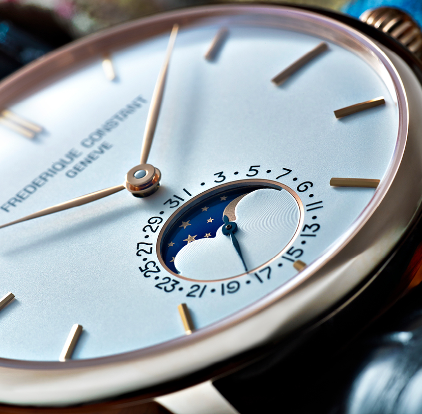 Constant Slimline Moonphase Manufacture watch for man. Automatic movement, white dial, rose-gold plated case, date counter, moonphase and brown leather strap
