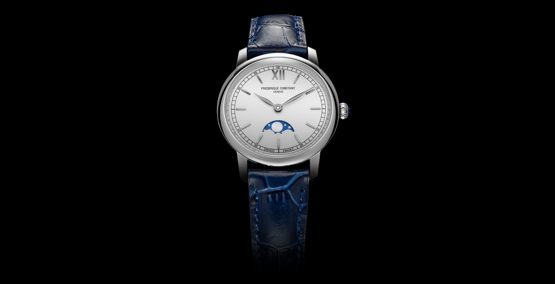 Slimline Ladies Moonphase watch for woman. Quartz movement, white dial, stainless-steel case, moonphase and blue leather strap    