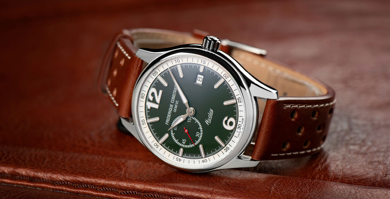 Vintage Rally Healey Automatic Small Seconds watch for man.   Automatic movement, green dial, stainless-steel case, date window, seconds counter and brown leather strap 