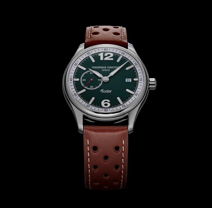 Vintage Rally Healey Automatic Small Seconds watch for man.   Automatic movement, green dial, stainless-steel case, date window, seconds counter and brown leather strap 