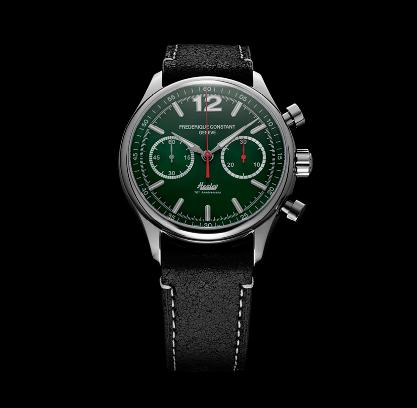 Vintage Rally Healey Chronograph Automatic Limited edition Watch for men. Automatic movement, green dial, stainless-steel case, chronograph and black leather strap 