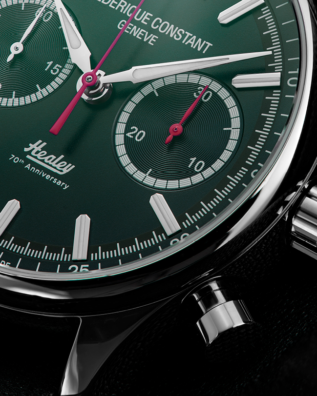 Vintage Rally Healey Chronograph Automatic Limited edition Watch for men. Automatic movement, green dial, stainless-steel case, chronograph and black leather strap 