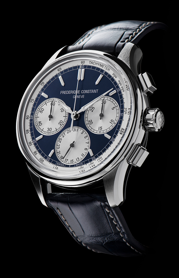 Flyback Chronograph Manufacture watch for man. Automatic movement, blue dial, stainless-steel case, date, seconds and minutes counters, chronograph and blue leather strap 