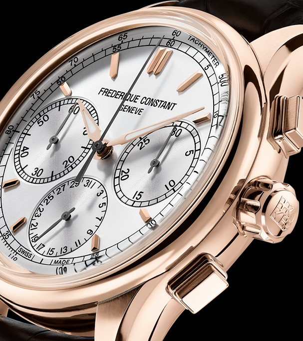 Classicss Flyback Chronograph Manufacture watch for man. Automatic movement, white dial, rose-gold plated case, date, seconds and minutes counters, chronograph and brown leather strap 