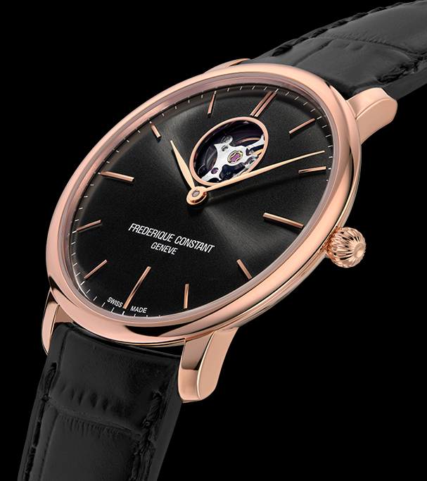 Slimline Heart Beat Automatic watch for man. Automatic movement, black dial, rose-gold plated case, heart beat opening and black leather strap 