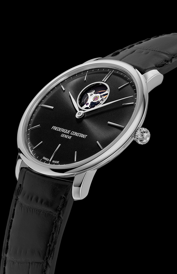 Slimline Heart Beat Automatic watch for man. Automatic movement, black dial, stainless-steel case, heart beat opening and black leather strap 