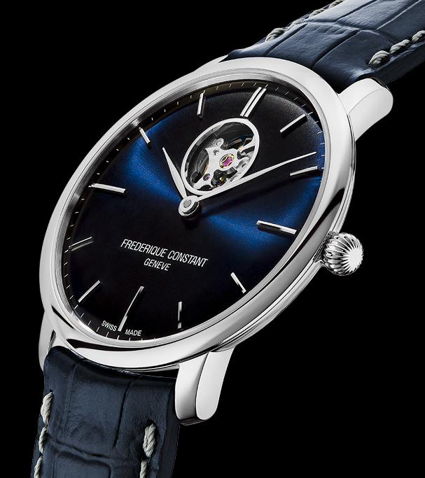 Slimline Heart Beat Automatic watch for man. Automatic movement, blue dial, stainless-steel case, heart beat opening and blue leather strap 