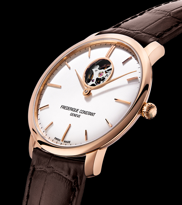 Slimline Heart Beat Automatic watch for man. Automatic movement, silver dial, rose-gold plated case, heart beat opening and brown leather strap 