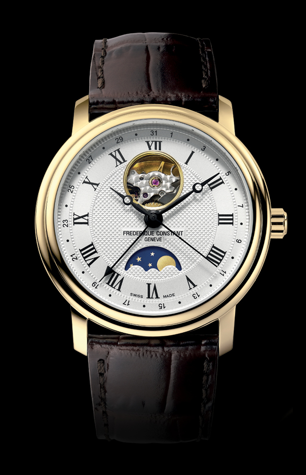 Classics Heart Beat Moonphase Date watch for man. Automatic movement, white dial, yellow gold plated case, heart beat opening, moonphase and brown leather strap 
