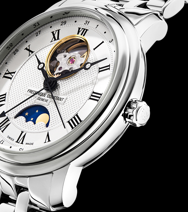 Classics Heart Beat Moonphase Date watch for man. Automatic movement, white dial, stainless-steel case, heart beat opening, moonphase and stainless-steel bracelet 