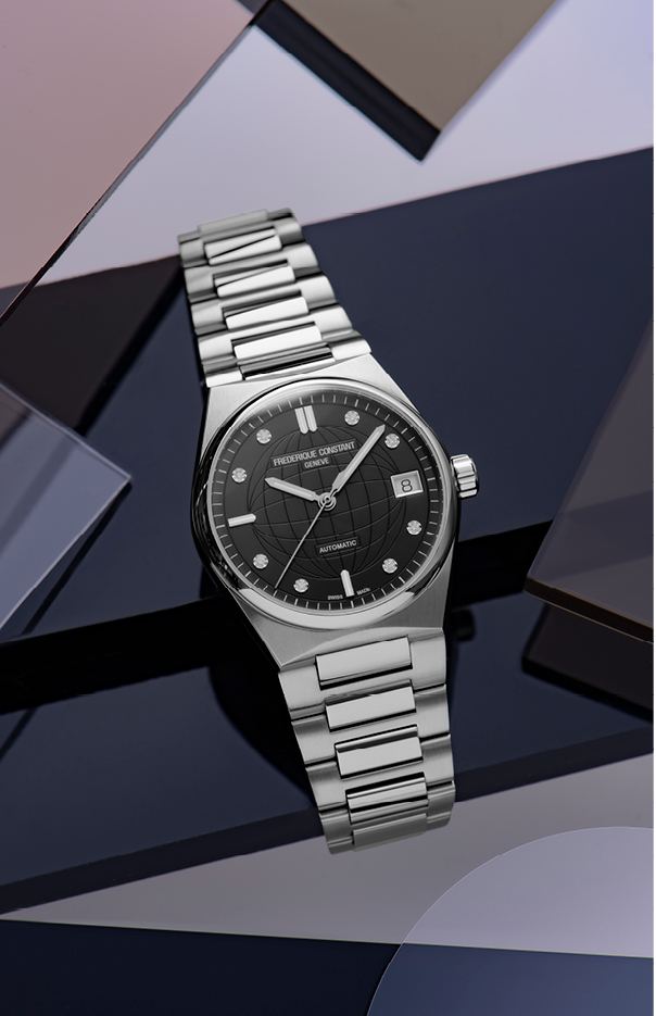 Highlife Ladies Automatic watch for woman. Automatic movement, black dial with 8 diamonds, stainless-steel case, date window and stainless-steel integrated and interchangeable bracelet 