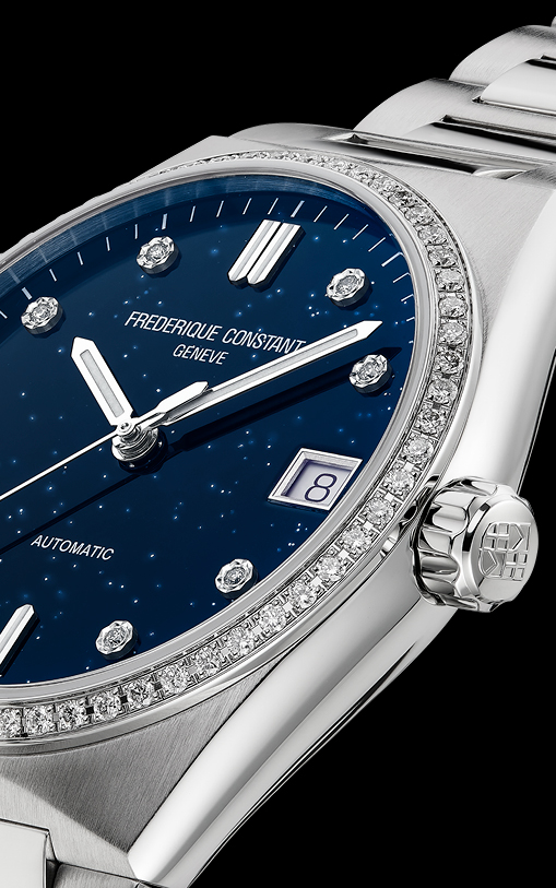 Highlife Ladies Automatic Sparkling watch for woman. Automatic movement, blue dial with 8 diamonds, stainless-steel case with 60 diamonds, date window and stainless-steel integrated and interchangeable bracelet 