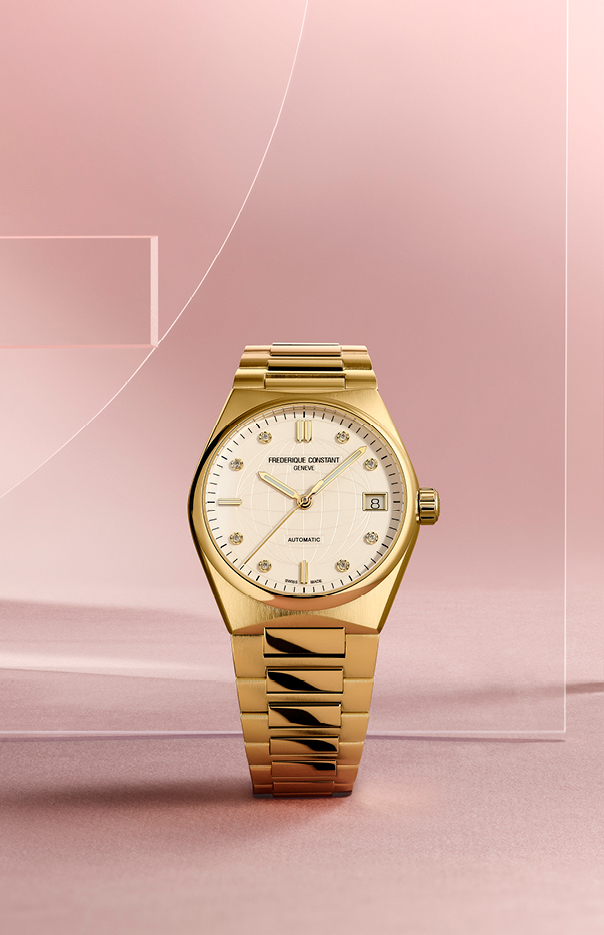 Highlife Ladies Automatic watch for woman. Automatic movement, white dial with 8 diamonds, yellow gold plated case, date window and yellow gold integrated and interchangeable bracelet 