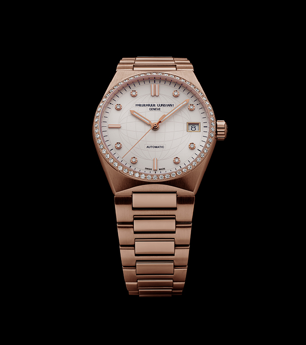 Highlife Ladies Automatic watch for woman. Automatic movement, white dial with 8 diamonds, rose-gold plated case with 60 diamonds, date window and rose-gold plated integrated and interchangeable bracelet 