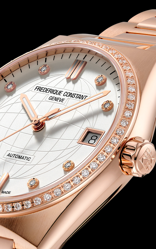 Highlife Ladies Automatic watch for woman. Automatic movement, white dial with 8 diamonds, rose-gold plated case with 60 diamonds, date window and rose-gold plated integrated and interchangeable bracelet