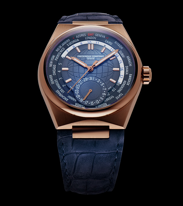 Highlife Worldtimer Manufacture watch for man. Automatic movement, blue dial, rose-gold case, date counter, worldtimer and blue alligator leather and interchangeable strap. 