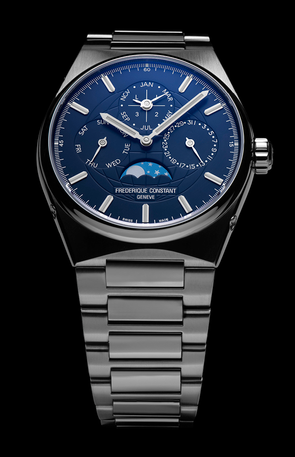 Highlife Perpetual Calendar Manufacture watch for man.   Automatic movement, blue dial, stainless-steel case, date, month and day counters, moonphase and stainless-steel integrated and interchangeable bracelet 