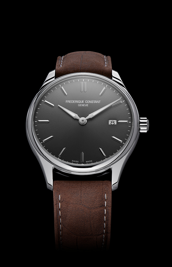 Classics Quartz watch for man. Quartz movement, grey dial, stainless-steel case, date window and brown leather strap 