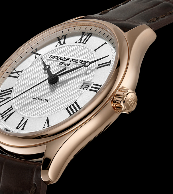 Classics Index Automatic watch for man. Automatic movement, white dial, rose-gold plated case, date window and brown leather strap 