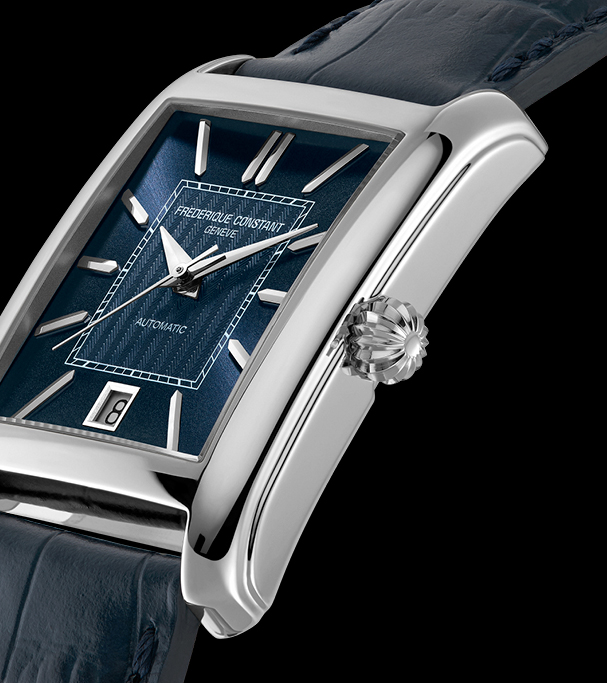 Classics Carrée Automatic watch for man. Automatic movement, blue dial, stainless-steel case, date window and blue leather strap  