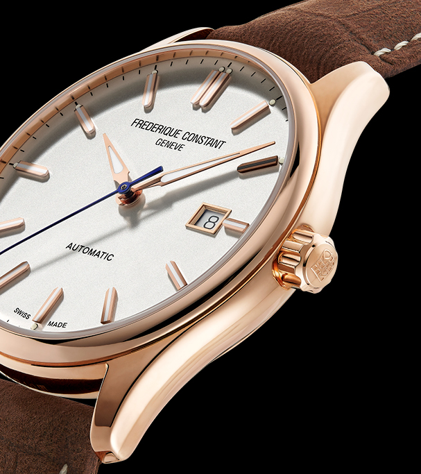 Classic Index Automatic watch for man. Automatic movement, white dial, rose-gold plated case, date window and brown leather strap 